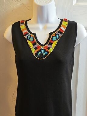 Joseph A Black Tank with Colorful Beaded V-Neck